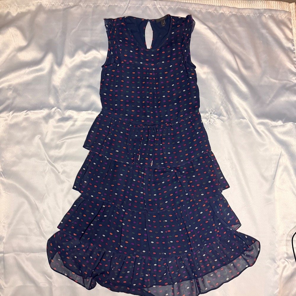 J.Crew‎ Navy Blue Multicolored Lip Print Tiered Ruffle Dress Size 2